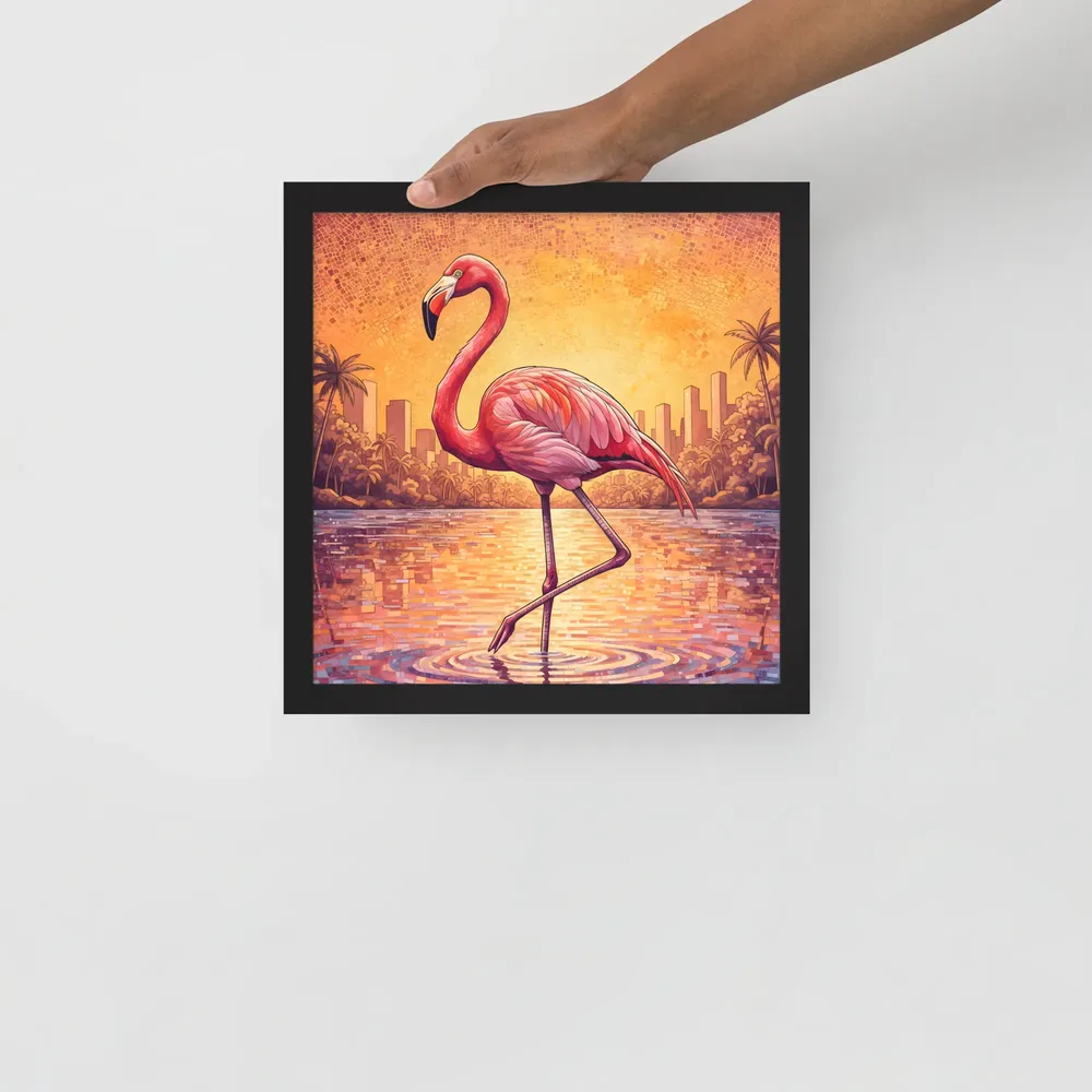 Sunset Mosaic Flamingo 
 Poster with Black Frame | 12″x 12″
