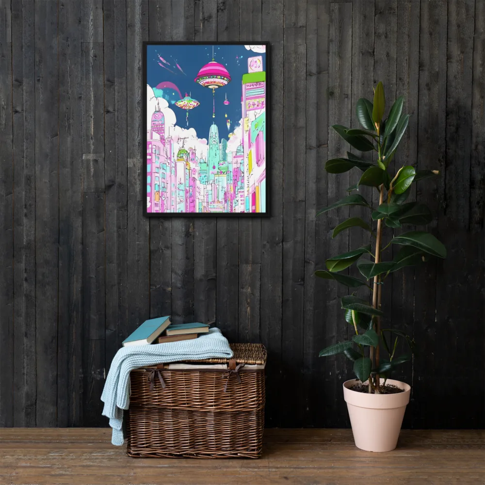 Futuristic Cityscape with Floating Structures | Canvas with Black Frame | 20″×28″