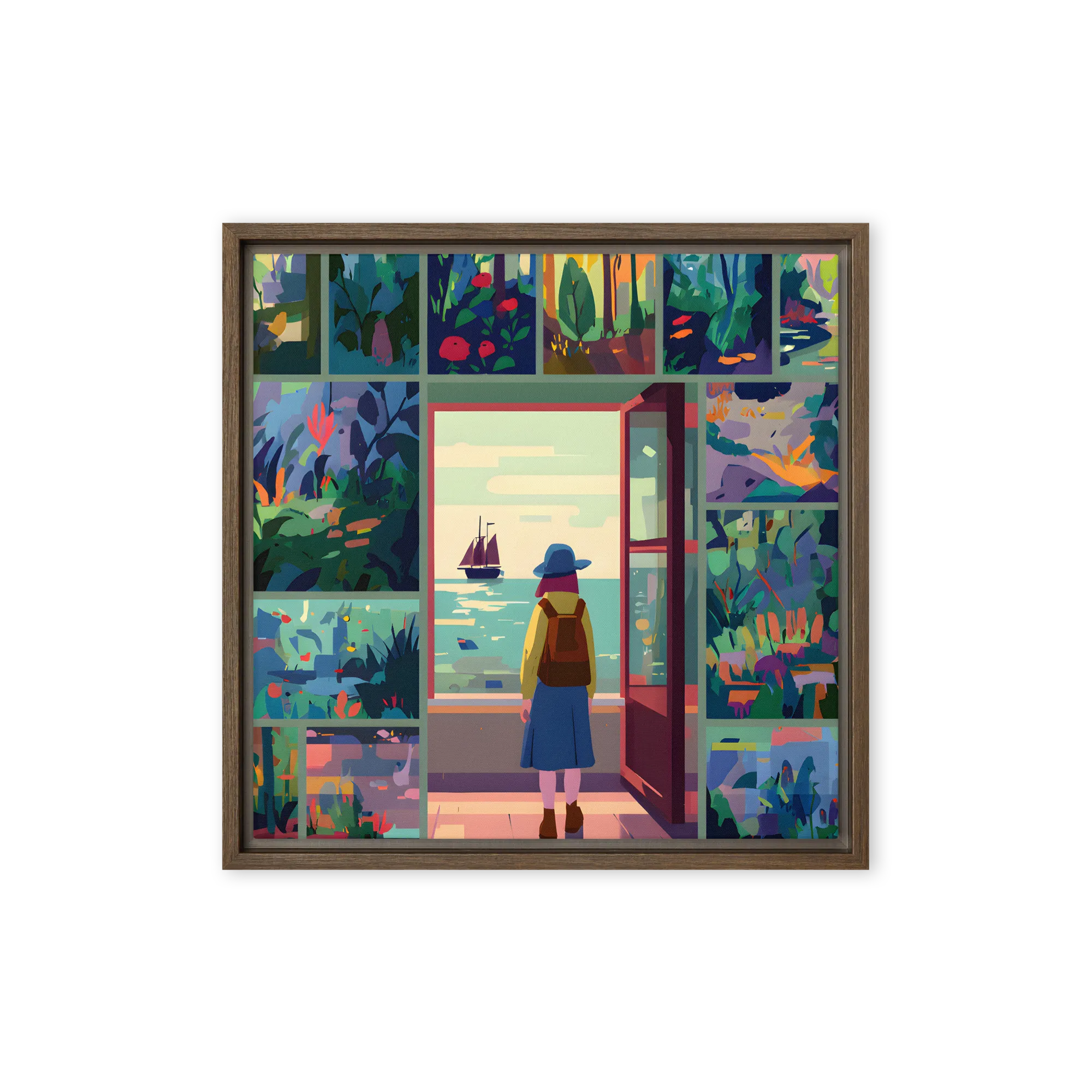 Tranquil Seascape Collage 
 Canvas with Brown Frame