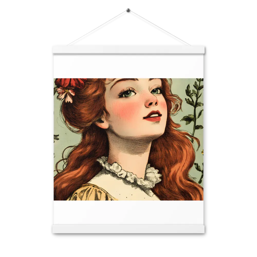 Whimsical Portrait of a Flower-Adorned Girl | Poster With White Wood Hanger | 16″×20″