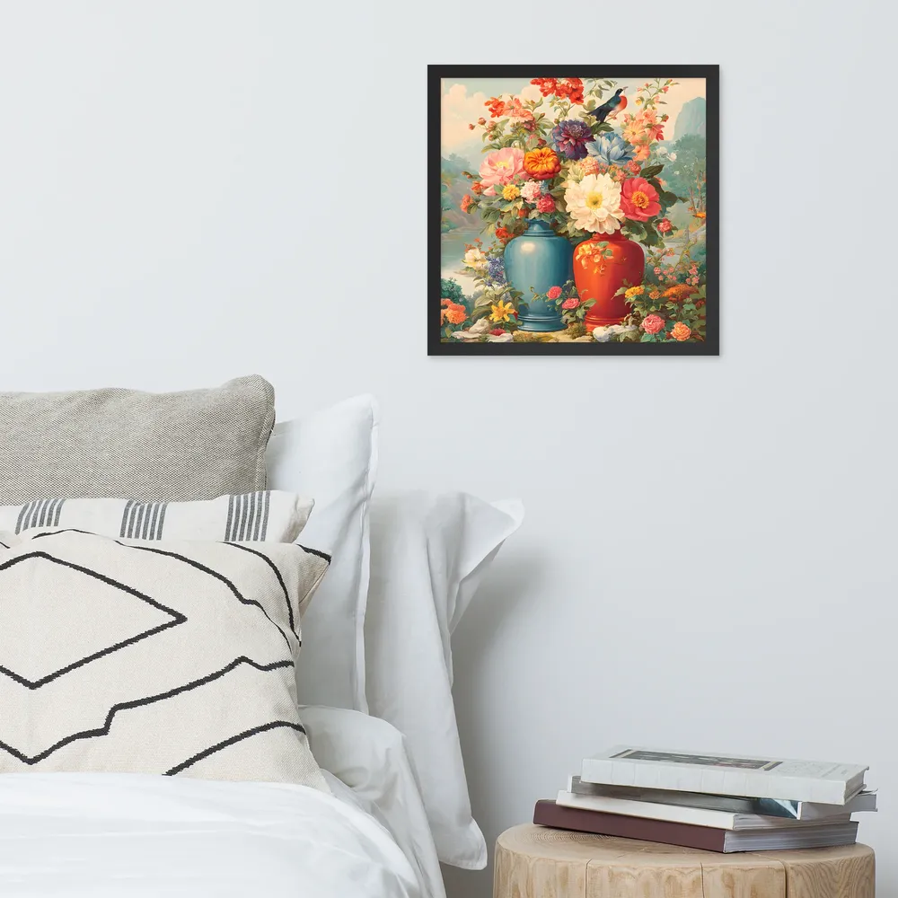 Twin Vases in Bloom 
 Poster with Black Frame | 16″x 16″