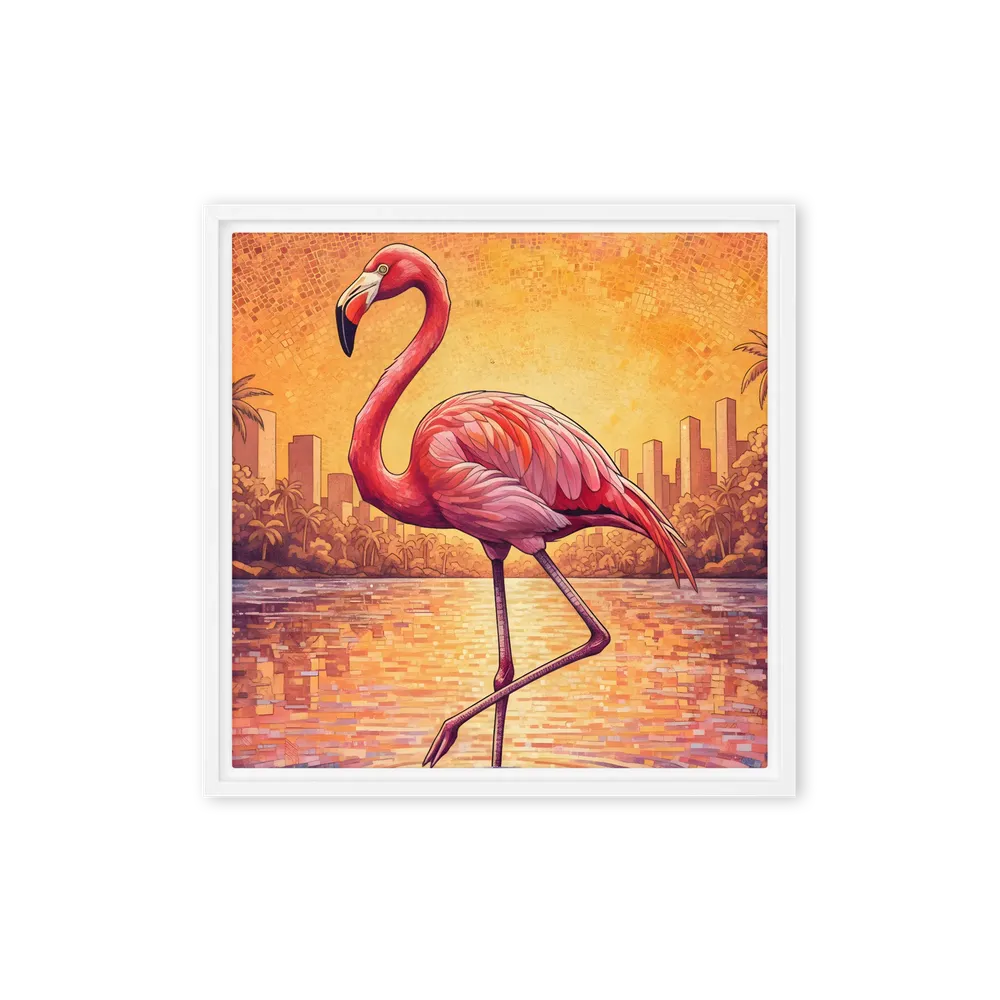 Sunset Mosaic Flamingo 
 Canvas with White Frame