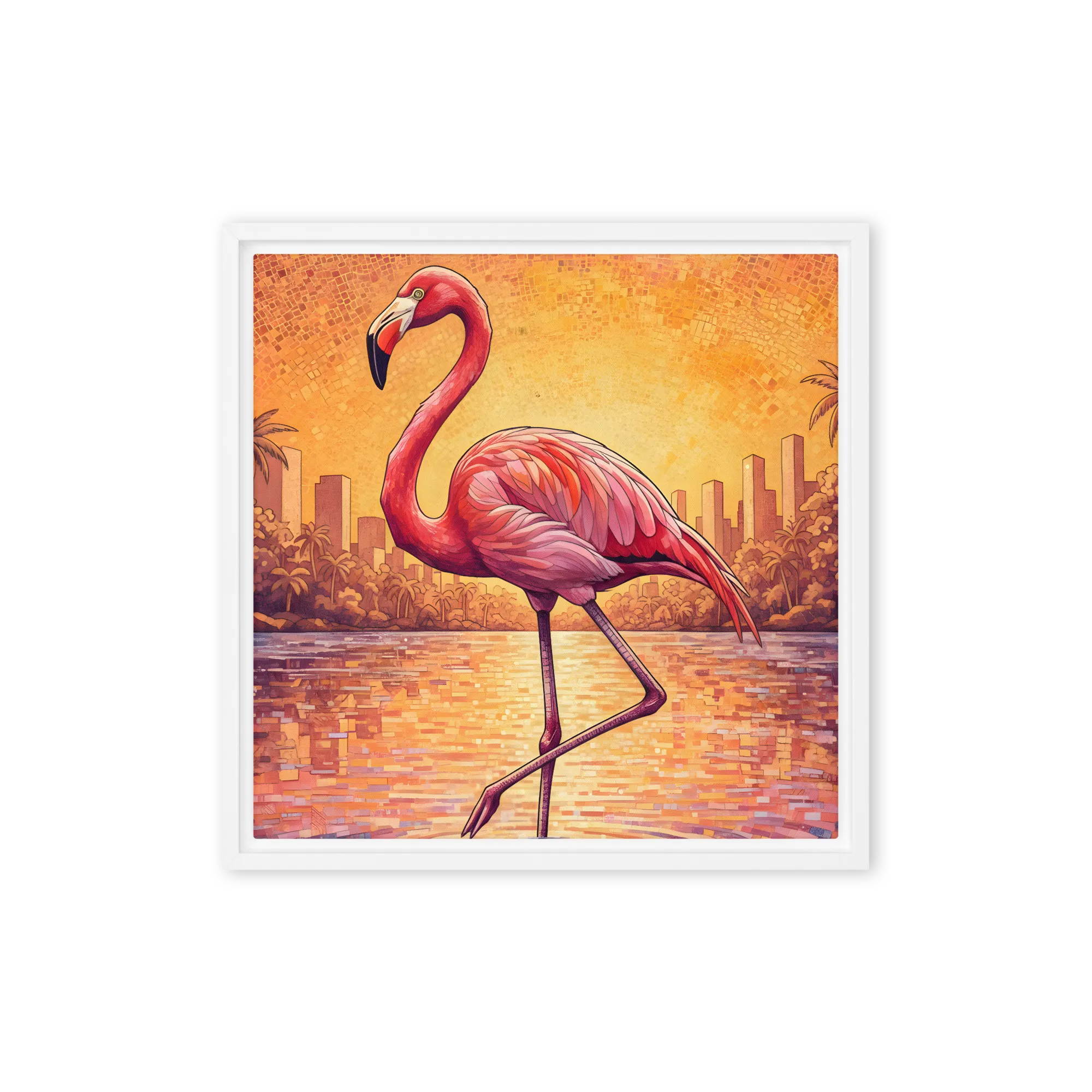 Sunset Mosaic Flamingo 
 Canvas with White Frame