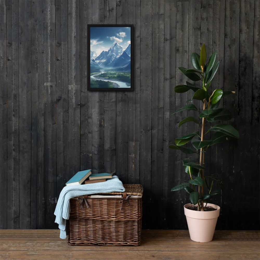 Majestic Serenity: A Landscape of Mountains and Rivers | Canvas with Black Frame | 12″×18″