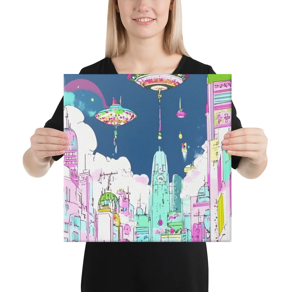 Futuristic Cityscape with Floating Structures | Canvas | 16″×16″