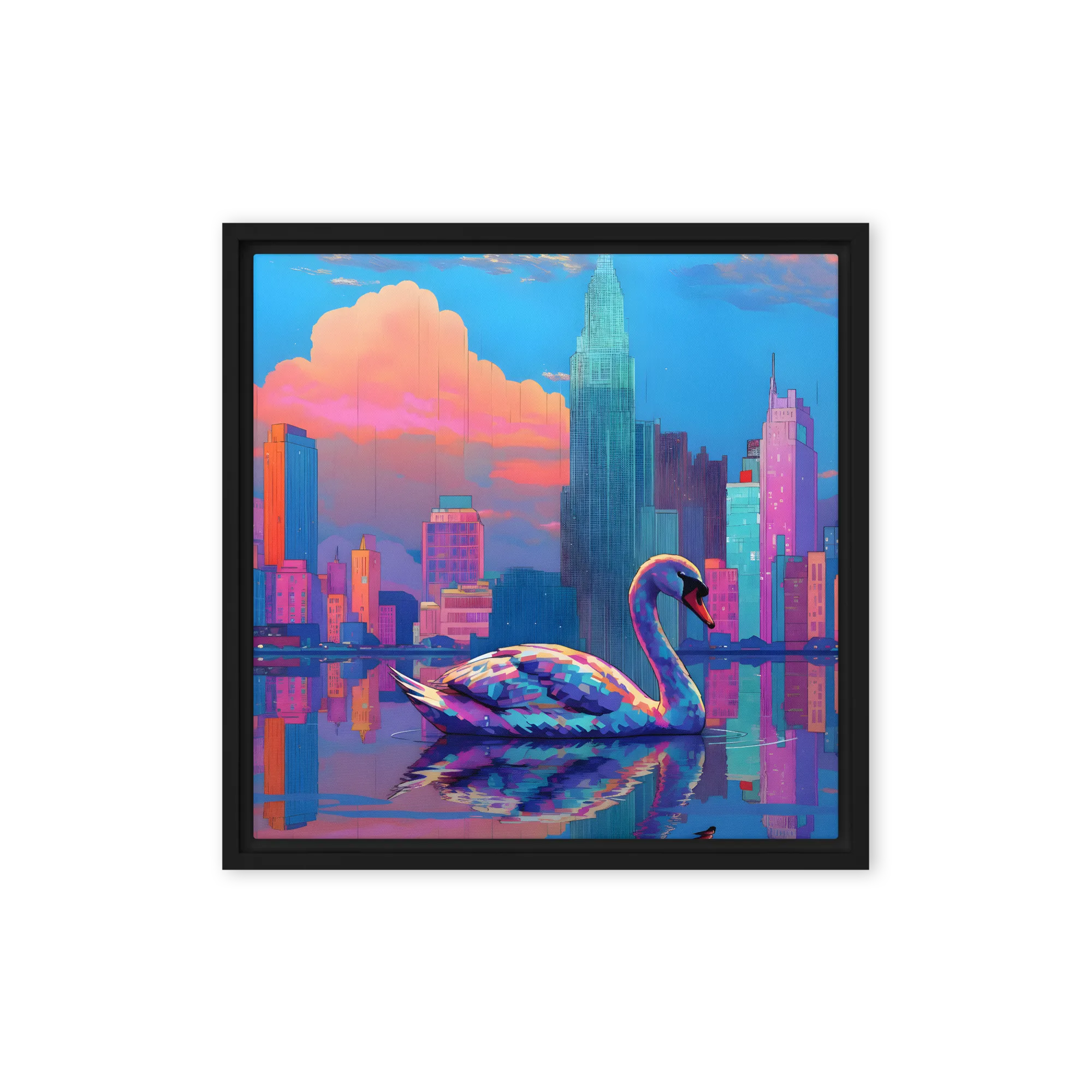 Neon Swan Skyline 
 Canvas with Black Frame
