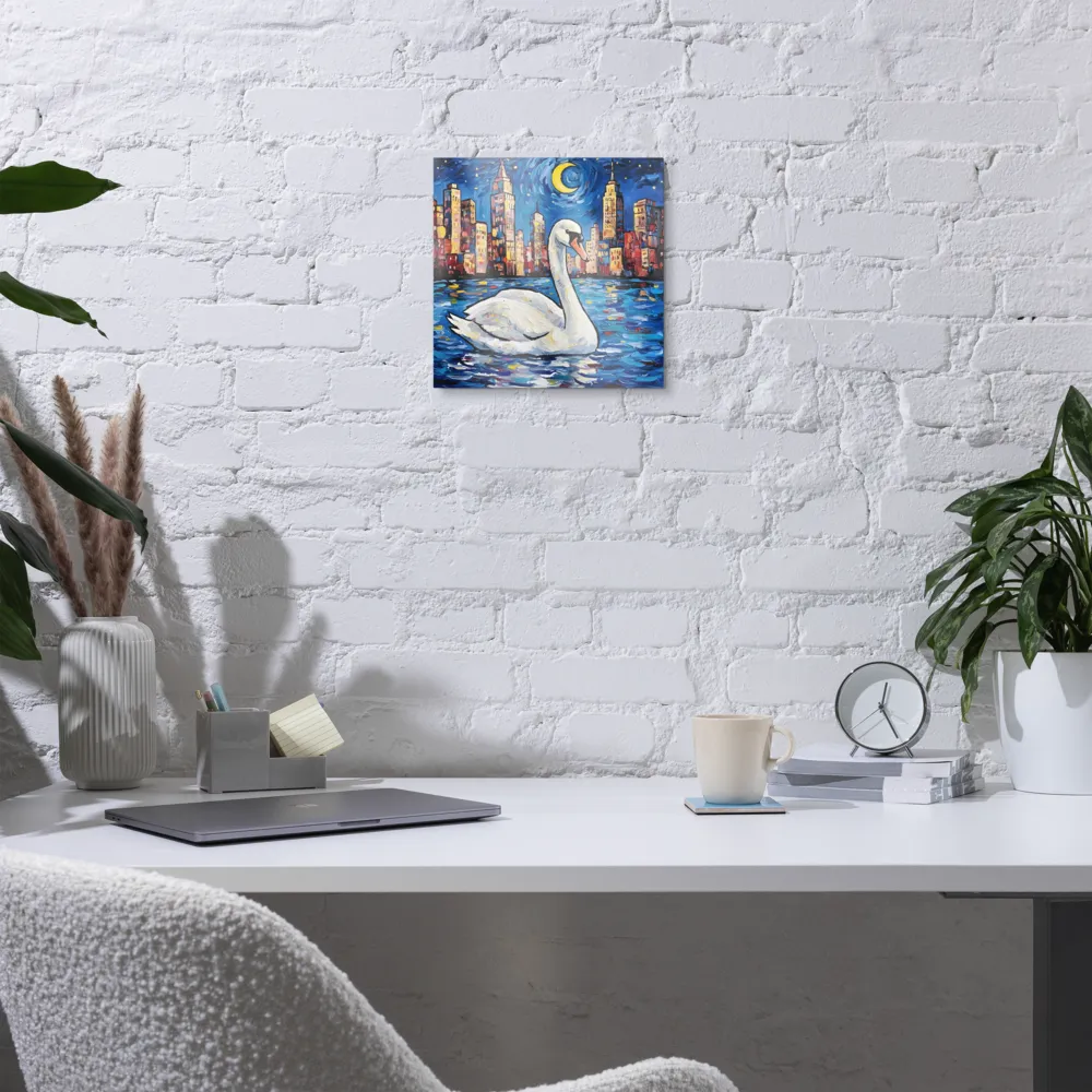 Moonlit City Swan 
 Metal Print | 12″x 12″