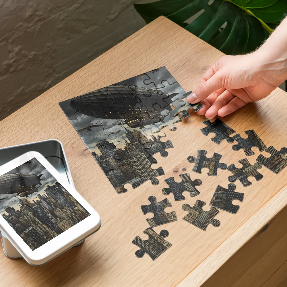 Zeppelin Over City 
 Jigsaw Puzzle in Tin Box