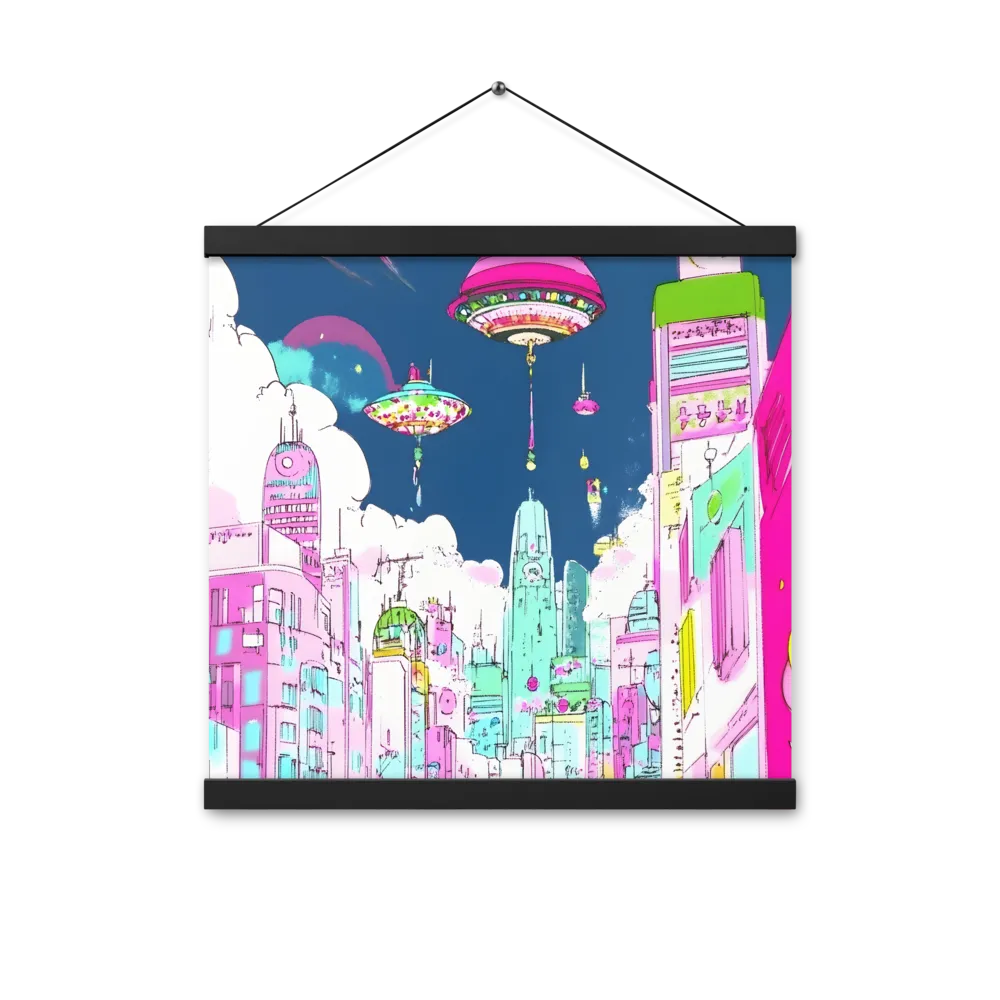 Futuristic Cityscape with Floating Structures | Poster With Black Wood Hanger | 16″×16″