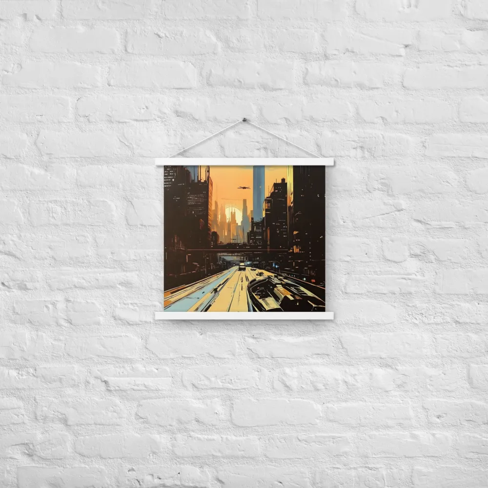 Metro Nexus: A Futuristic Cityscape | Poster With White Wood Hanger | 18″×18″
