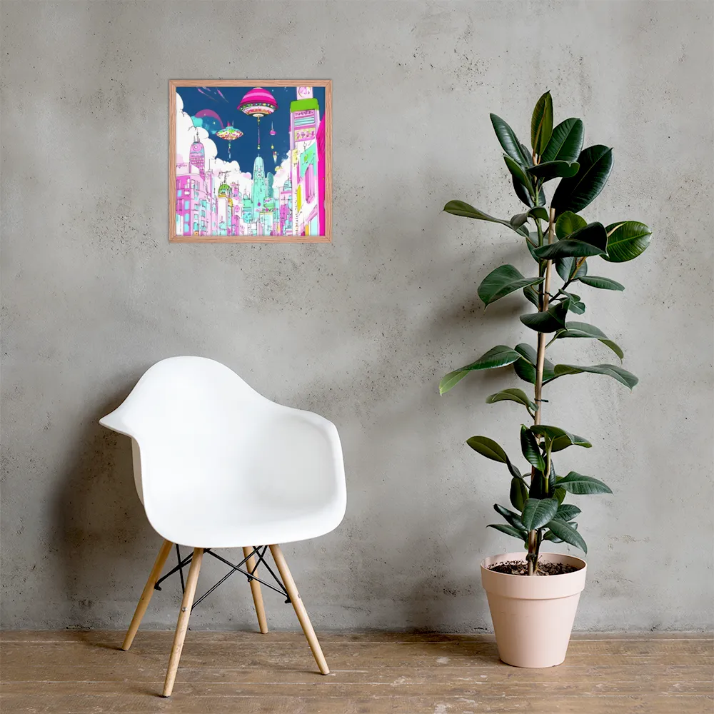 Futuristic Cityscape with Floating Structures | Poster with Red oak Frame | 18″×18″