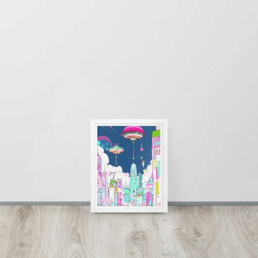 Futuristic Cityscape with Floating Structures | Canvas with White Frame | 8″×10″