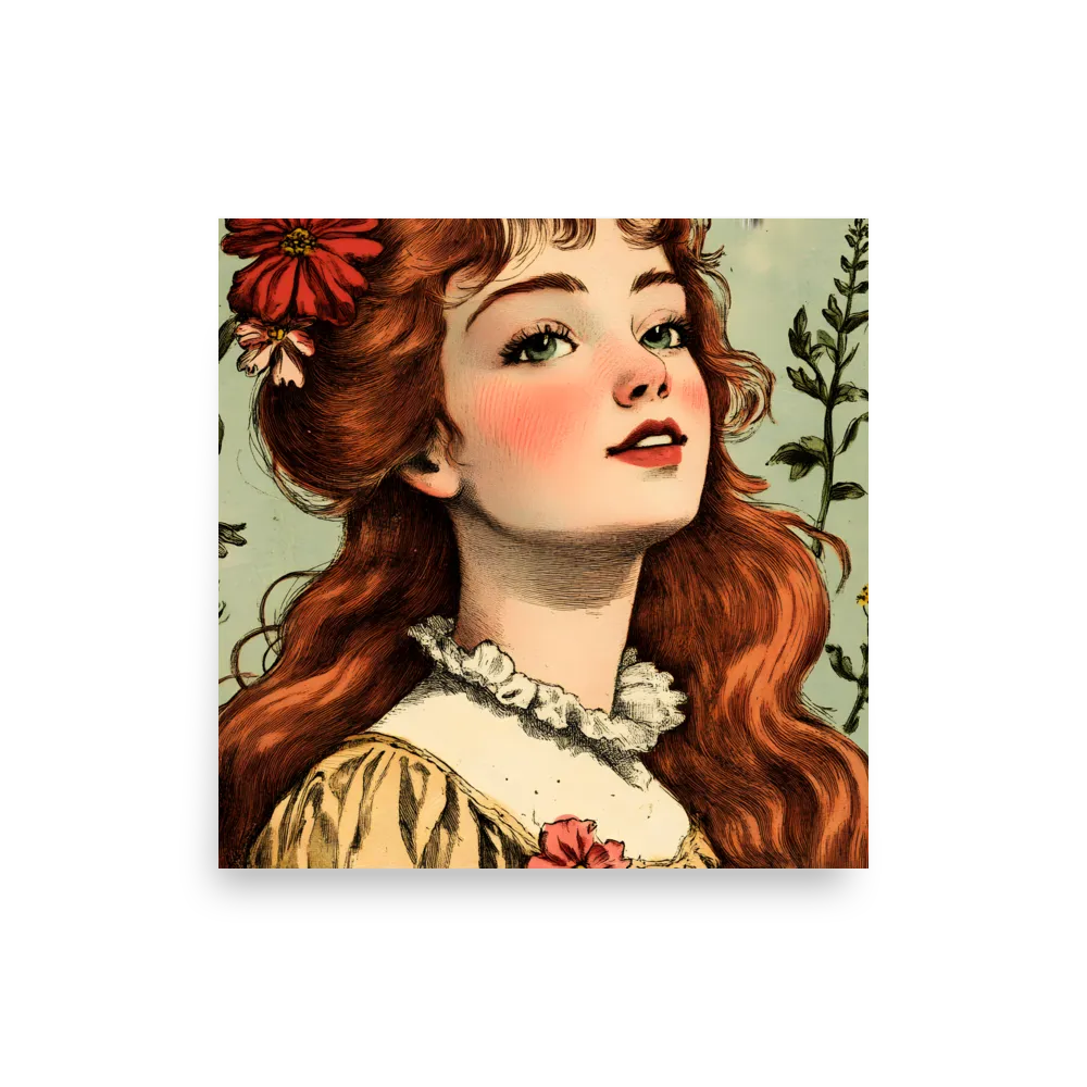 Whimsical Portrait of a Flower-Adorned Girl | Poster | 10″×10″