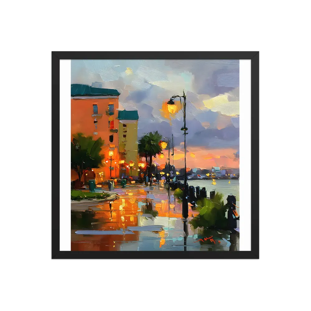 Harbor Promenade at Dusk 
 Poster with Black Frame | 18″x 18″