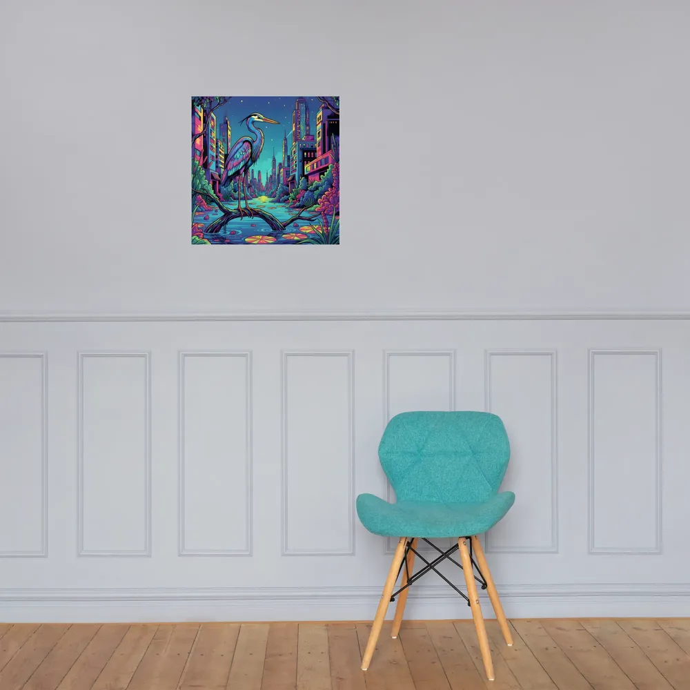 Neon Heron - Urban Twilight 
 Poster | 18″x 18″