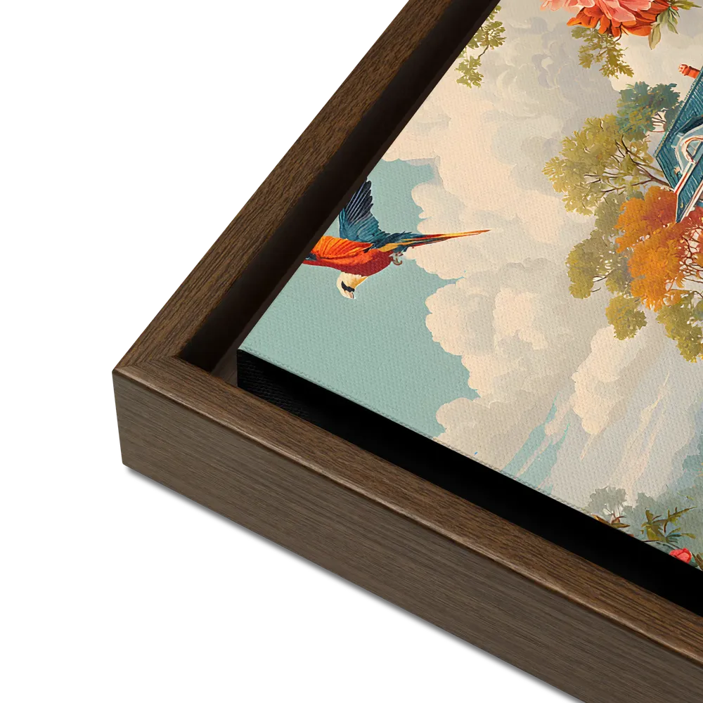 Riverside Cottage in Bloom 
 Canvas with Brown Frame | 12″x 12″