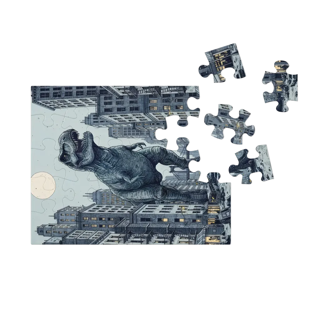 Tyrannosaurus in the City 
 Jigsaw Puzzle in Tin Box