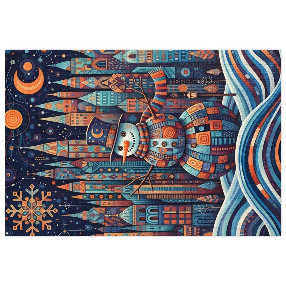 Patchwork Snowman Cityscape 
 Jigsaw Puzzle in Tin Box