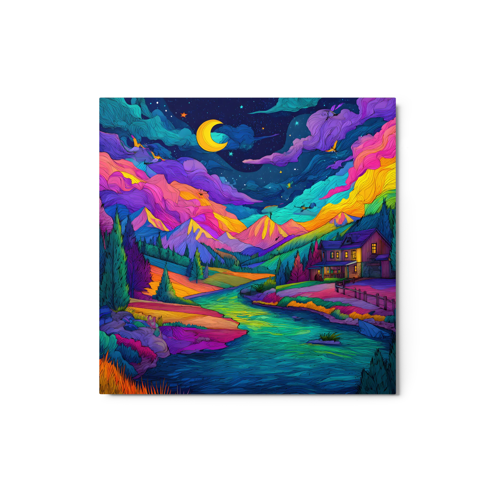 Whimsical River Valley Night 
 Metal Print | 12″x 12″