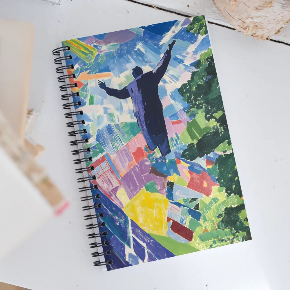 Elysium: A Soaring Figure Amidst Colorful Landscapes | Spiral Notebook