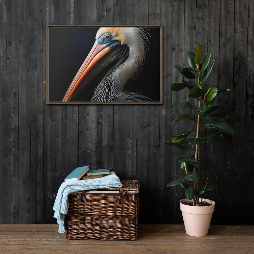 Majestic Portrait of a Pelican | Canvas with Brown Frame | 24″×36″