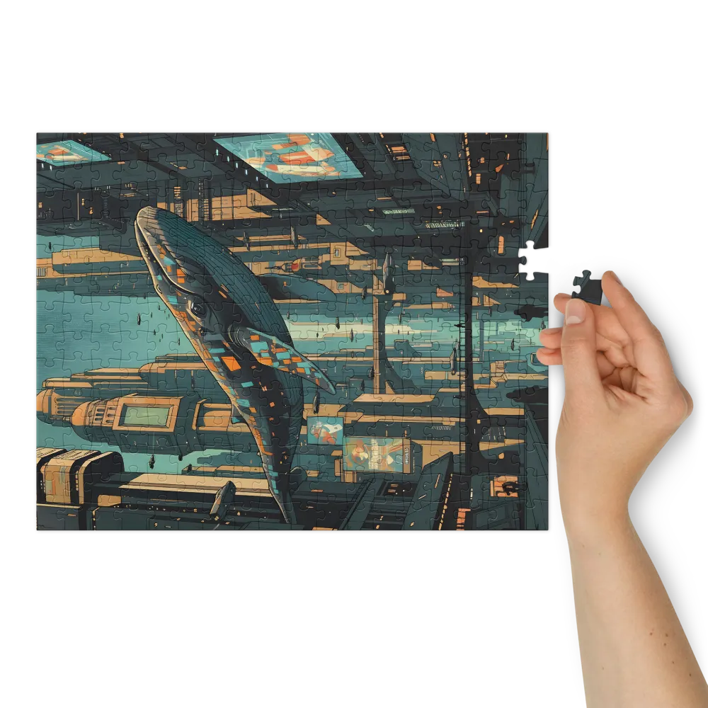 Sky Whale Over Metropolis 
 Jigsaw Puzzle in Tin Box