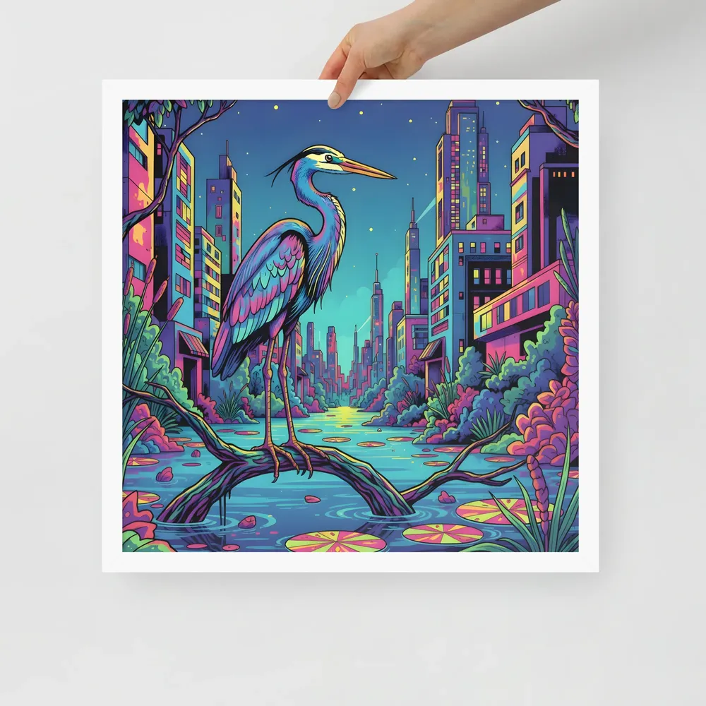 Neon Heron - Urban Twilight 
 Poster with White Frame | 18″x 18″