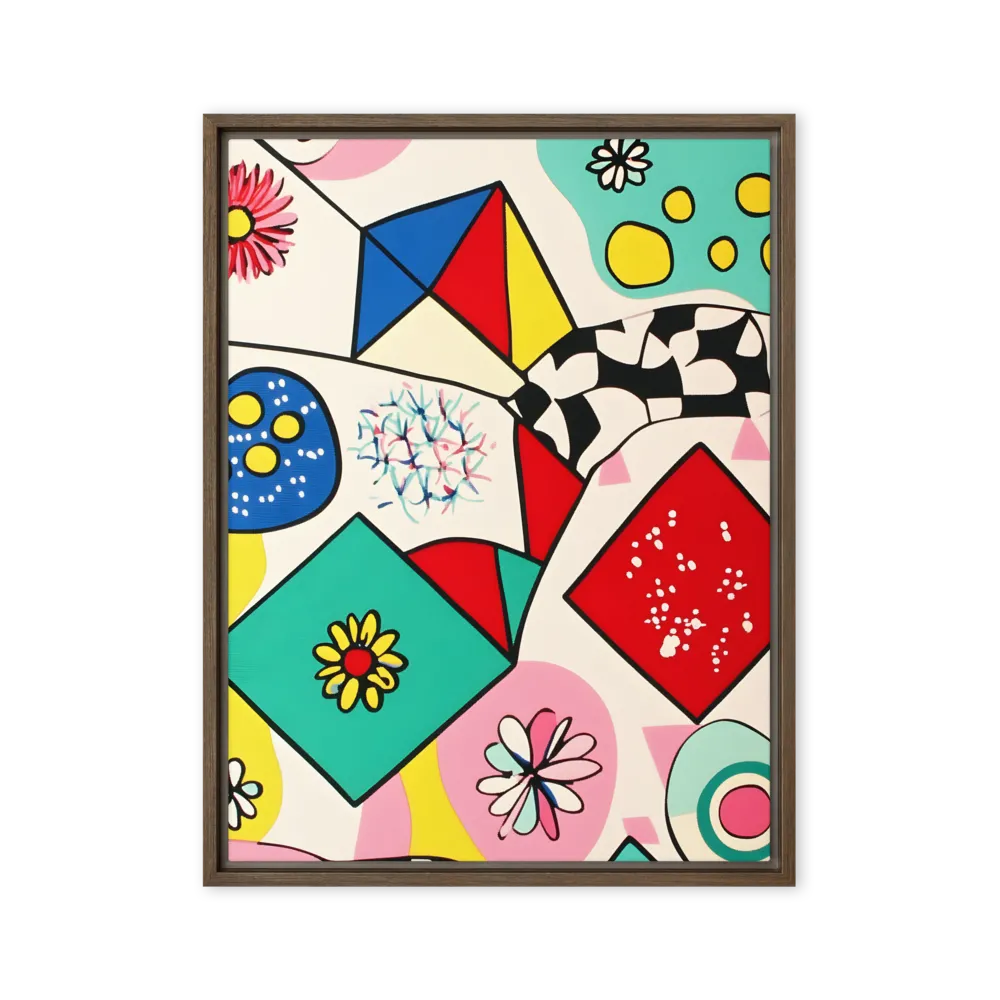 Joyful Geometry: A Playful Dance of Shapes and Colors | Canvas with Brown Frame | 24″×32″