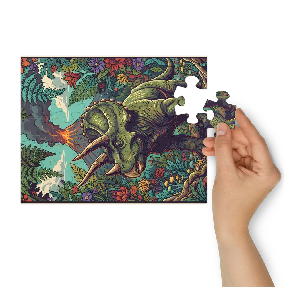 Triceratops and the Volcano 
 Jigsaw Puzzle in Tin Box