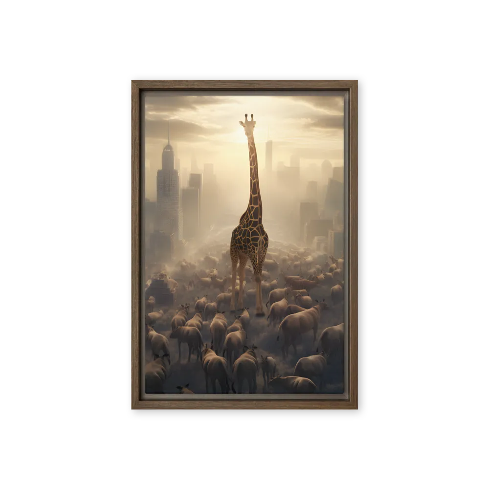 Urban Serengeti: A Giraffe's Perspective | Canvas with Brown Frame | 12″×18″