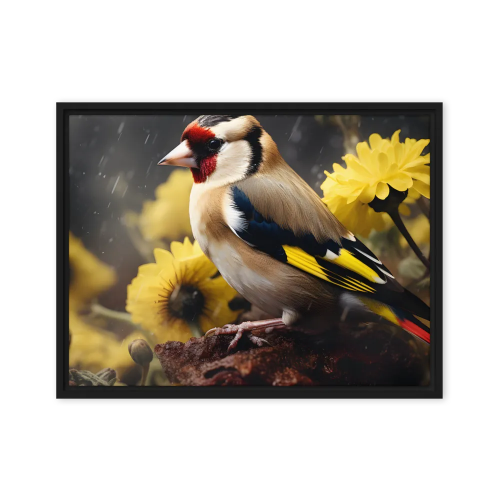 Harmony in Nature: A Goldfinch Amidst Blooms | Canvas with Black Frame | 18″×24″