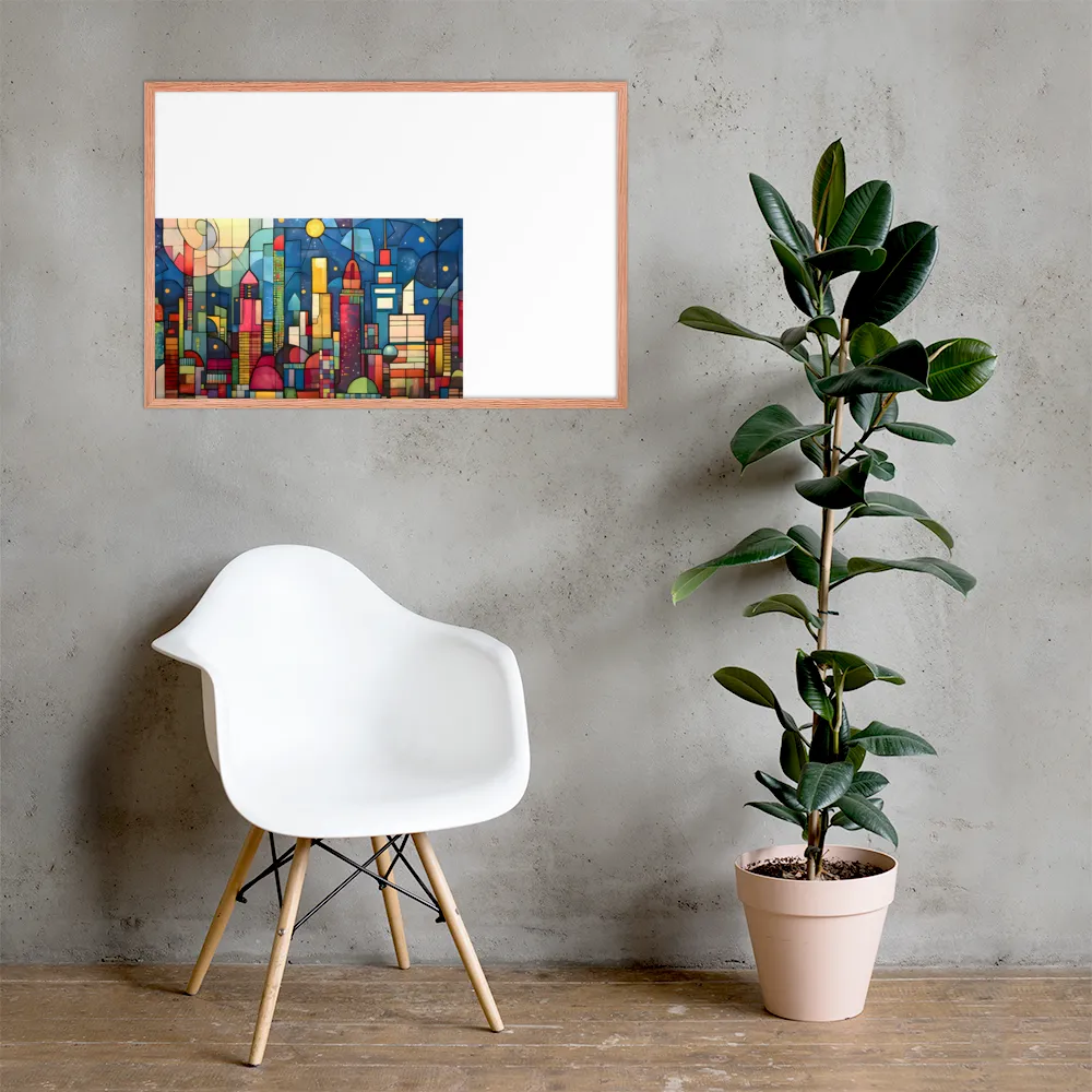 Geometric Harmony: A Vibrant Cityscape | Poster with Red oak Frame | 24″×36″