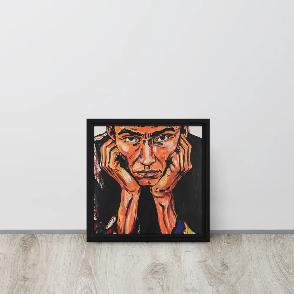 Contemplative Intensity: An Expressionist Portrait | Canvas with Black Frame | 12″×12″