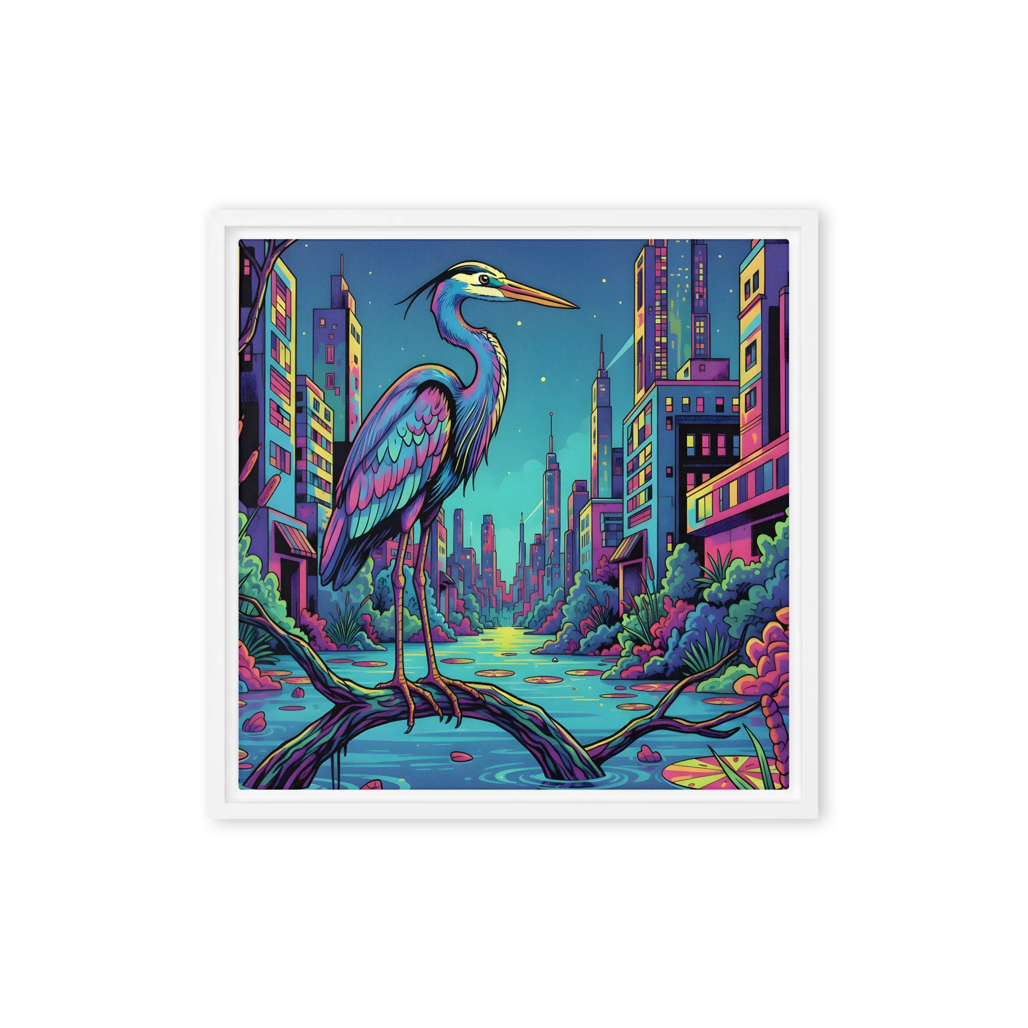 Neon Heron - Urban Twilight 
 Canvas with White Frame