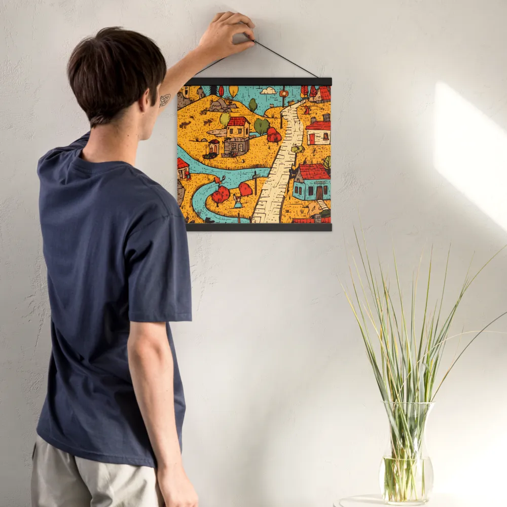 Whimsical Village Landscape | Poster With Black Wood Hanger | 16″×16″