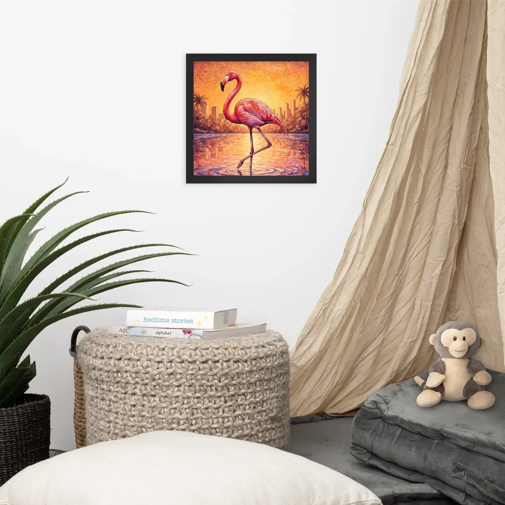 Sunset Mosaic Flamingo 
 Poster with Black Frame | 12″x 12″