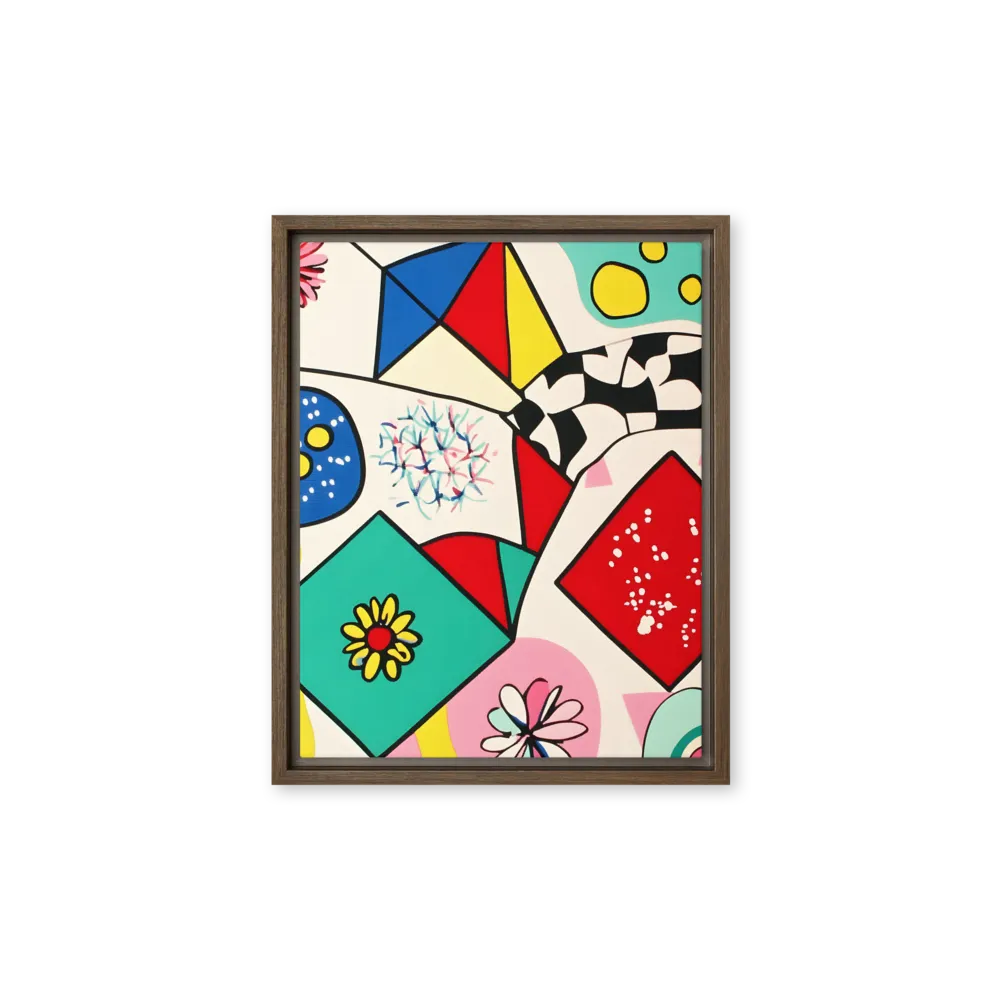 Joyful Geometry: A Playful Dance of Shapes and Colors | Canvas with Brown Frame | 11″×14″
