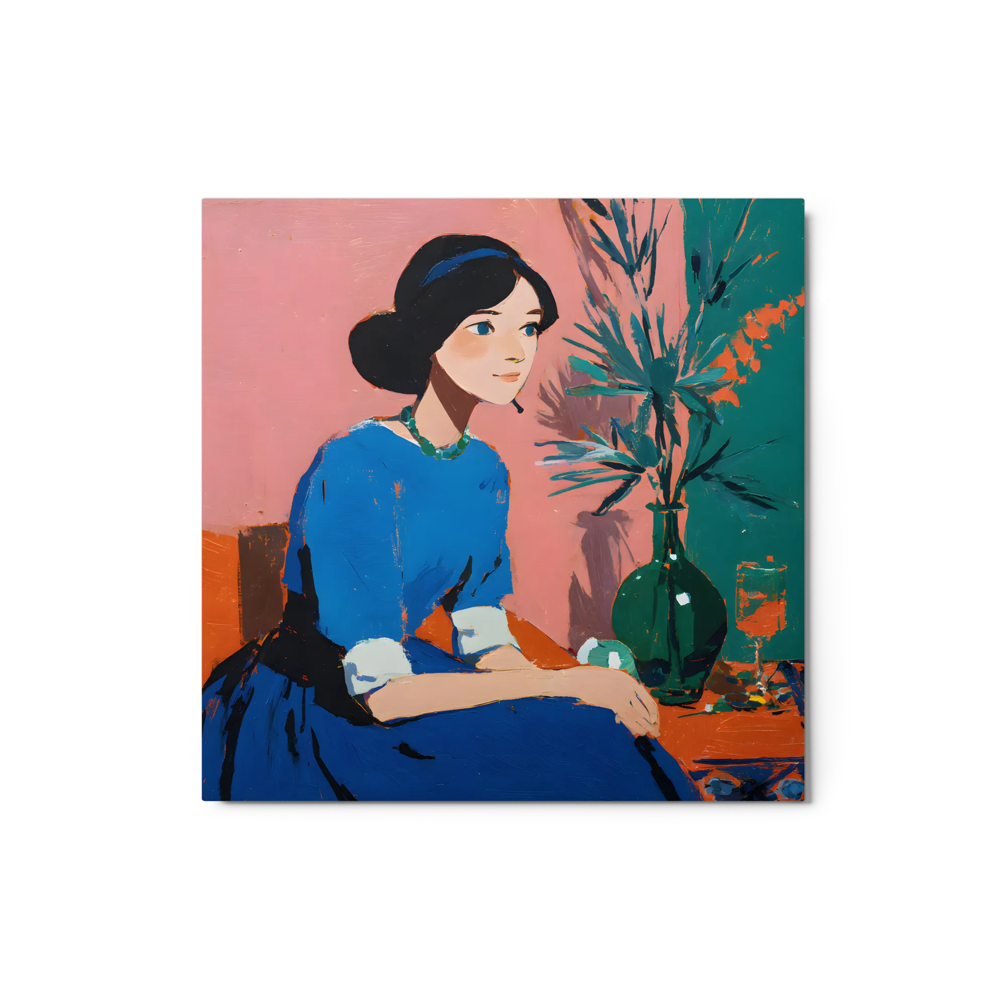 Serene Woman in Blue 
 Metal Print | 12″x 12″