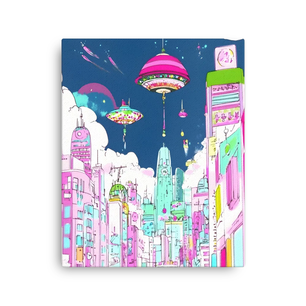Futuristic Cityscape with Floating Structures | Thin Canvas | 16″×20″