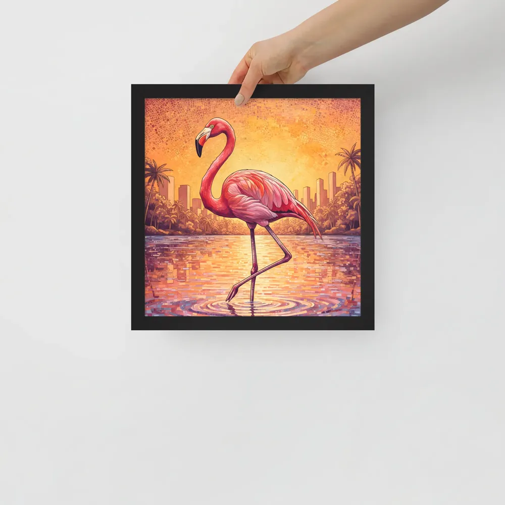 Sunset Mosaic Flamingo 
 Poster with Black Frame | 12″x 12″