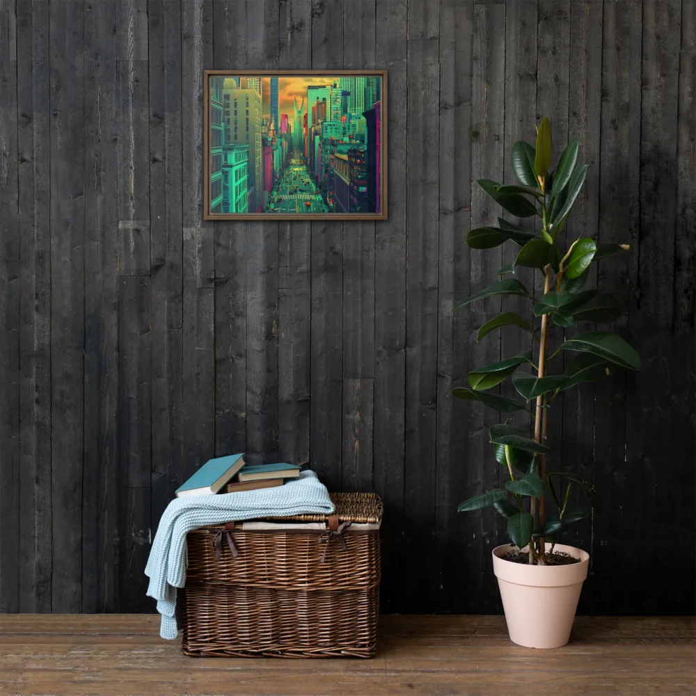 Urban Surrealism: Neon Dreams | Canvas with Brown Frame | 16″×20″