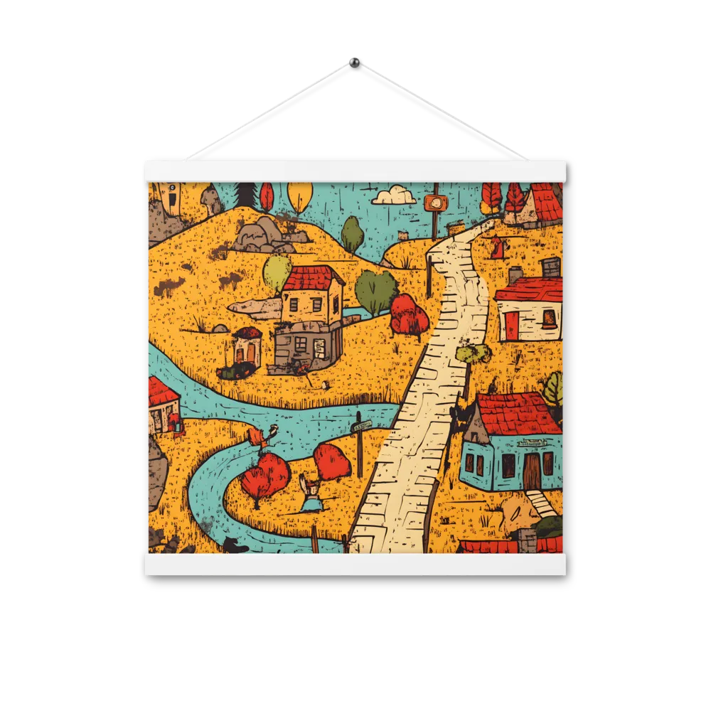 Whimsical Village Landscape | Poster With White Wood Hanger | 16″×16″
