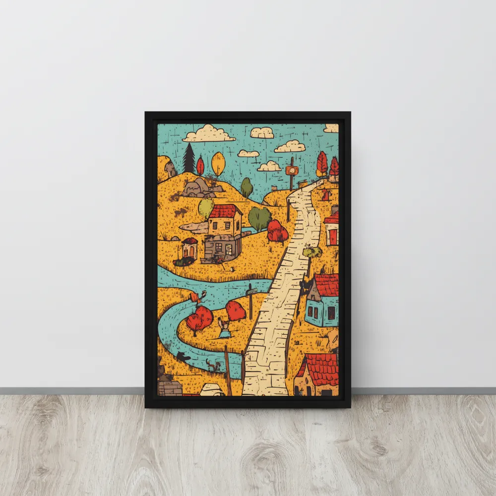 Whimsical Village Landscape | Canvas with Black Frame | 12″×18″