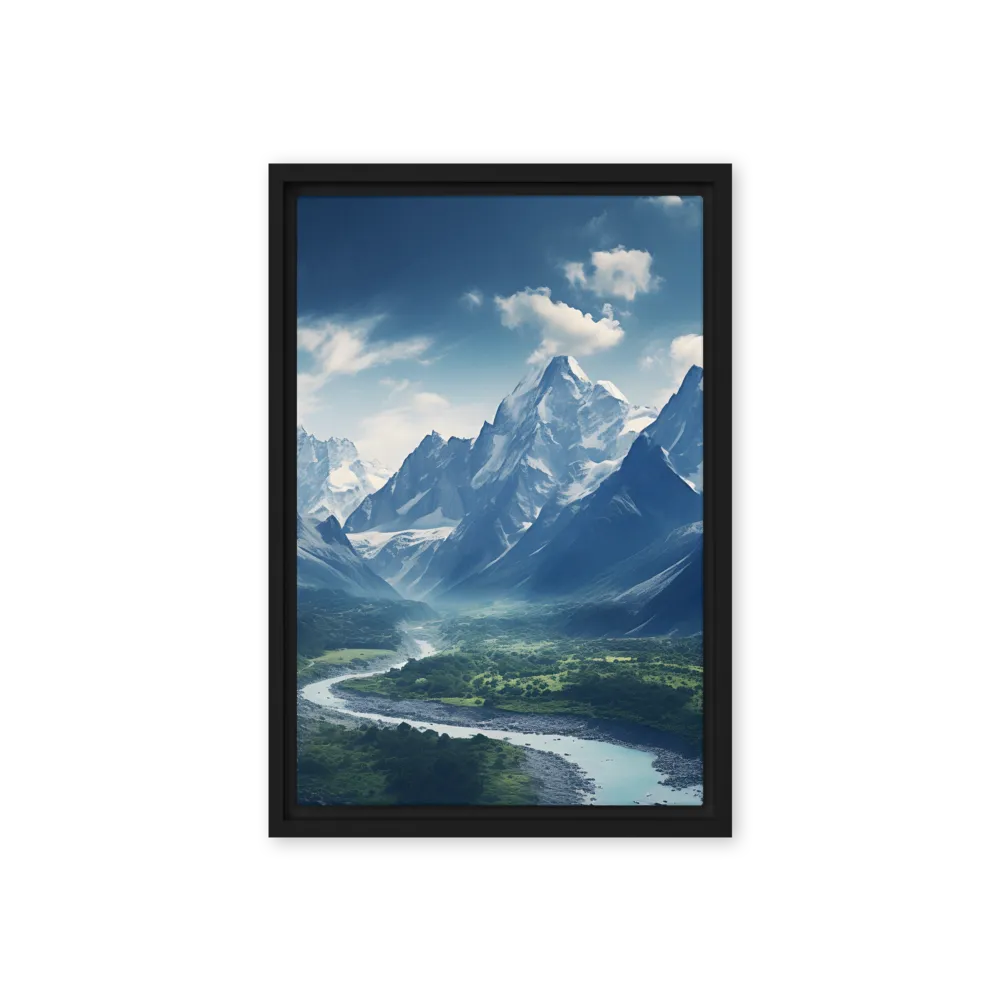 Majestic Serenity: A Landscape of Mountains and Rivers | Canvas with Black Frame | 12″×18″