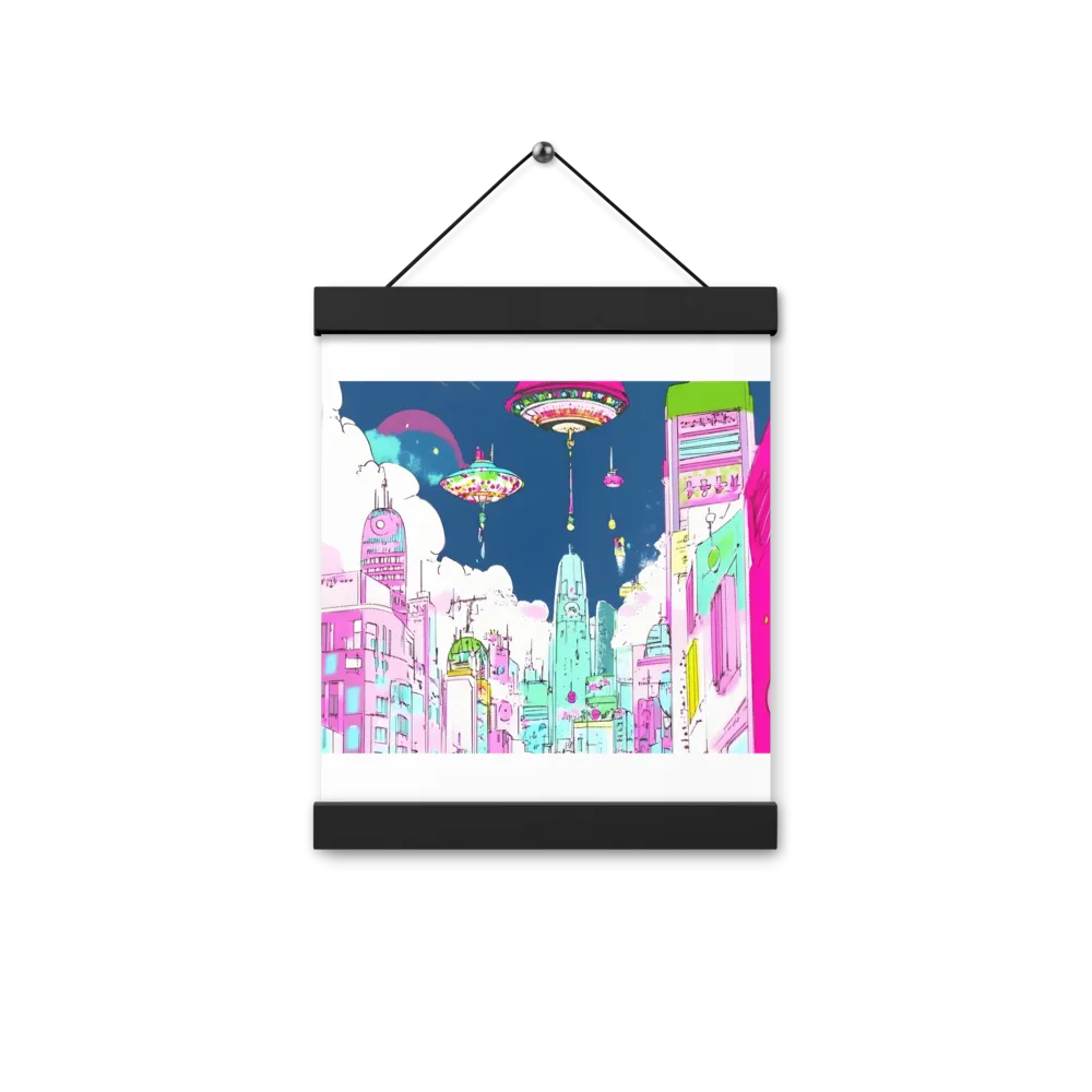 Futuristic Cityscape with Floating Structures | Poster With Black Wood Hanger | 8″×10″