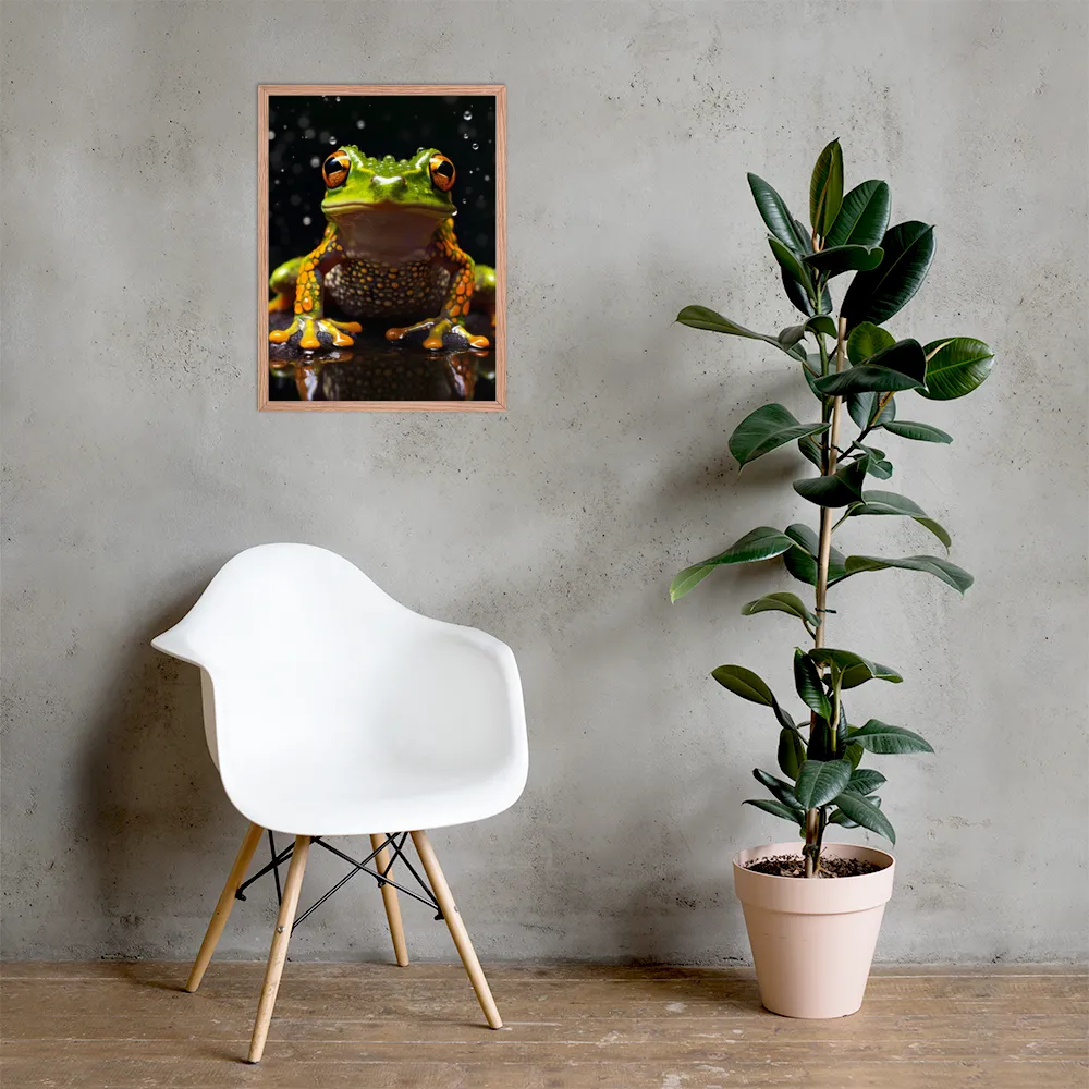 Emerald Elegance: The Frog in Focus | Poster with Red oak Frame | 18″×24″
