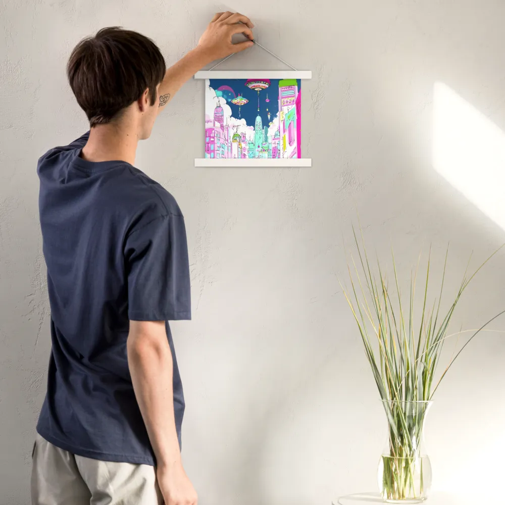 Futuristic Cityscape with Floating Structures | Poster With White Wood Hanger | 10″×10″