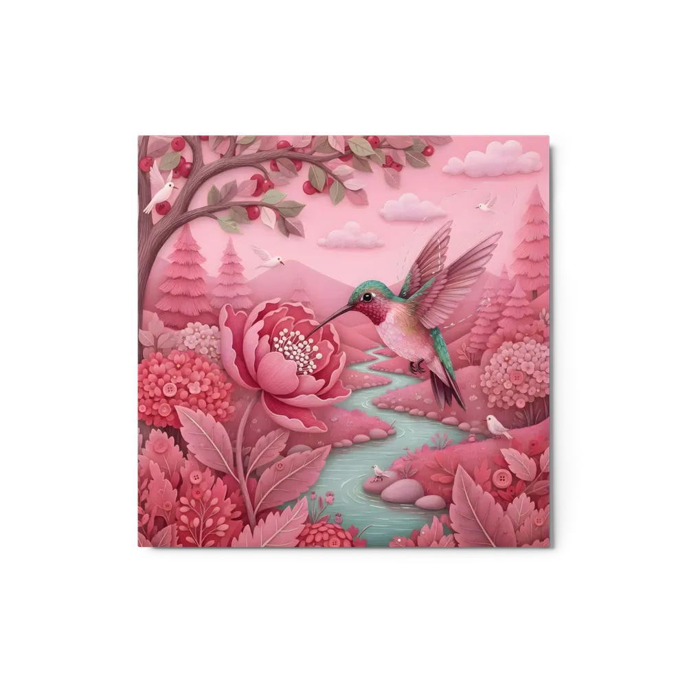 Hummingbird in Pink Garden 
 Metal Print | 12″x 12″