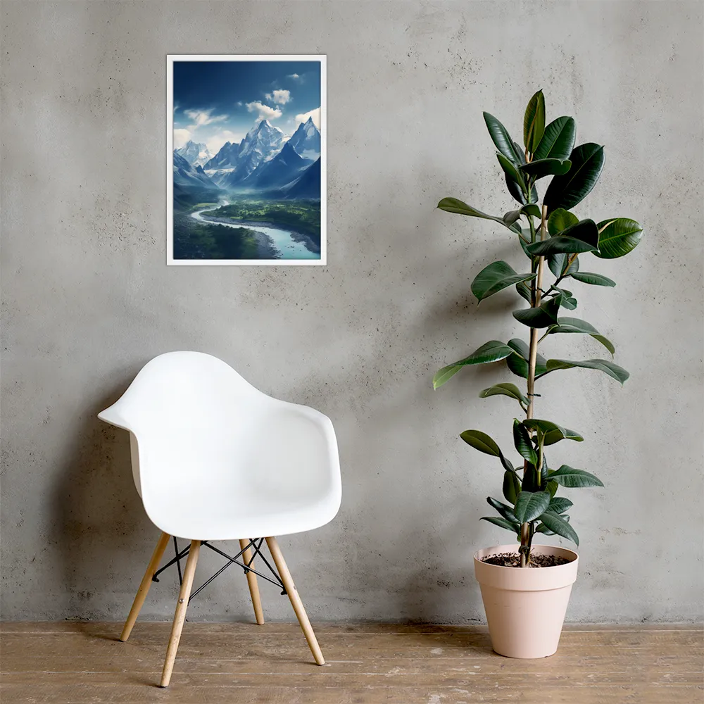 Majestic Serenity: A Landscape of Mountains and Rivers | Poster with White Frame | 18″×24″