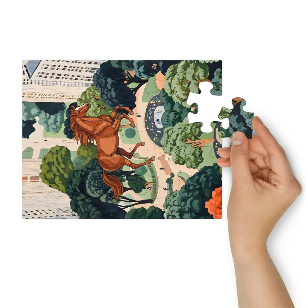Soaring Horse Over City Park 
 Jigsaw Puzzle in Tin Box